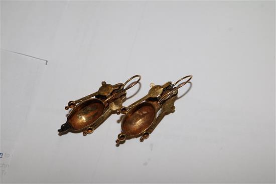 A pair of Victorian yellow metal and garnet set tapered earrings, overall incl. wire 40mm.